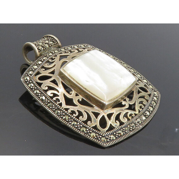 925 Sterling Silver Vintage Mother Of Pearl & Marcasite Swirl Pendant PT6468